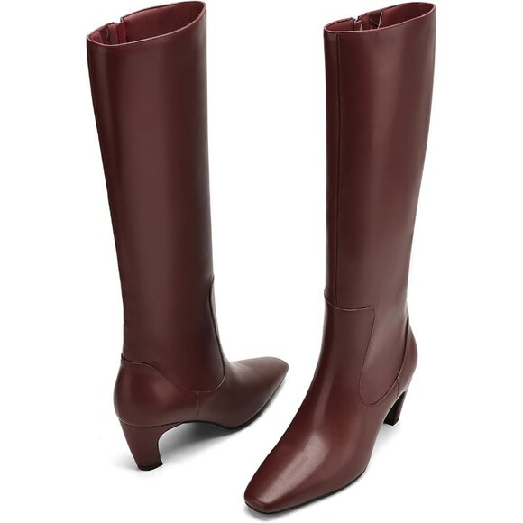⚡Women Faux Leather Burgundy Square Toe Chunky Block Heels Side Zipper Boots - Picture 2 of 5